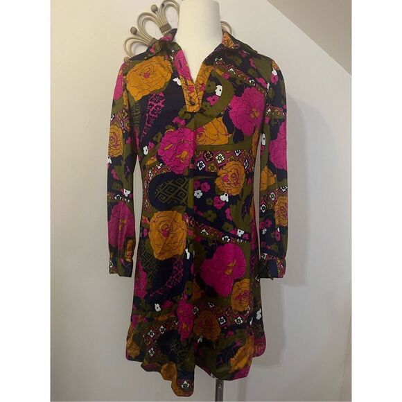 Vintage 70s Act 1 Groovy Flower Power Psychedelic Mini Dress M - Picture 1 of 7